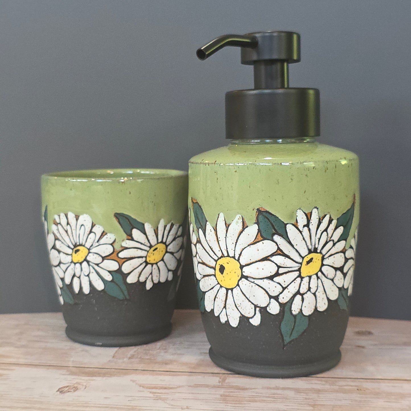 #144 Handmade stoneware foaming soap dispenser & cup