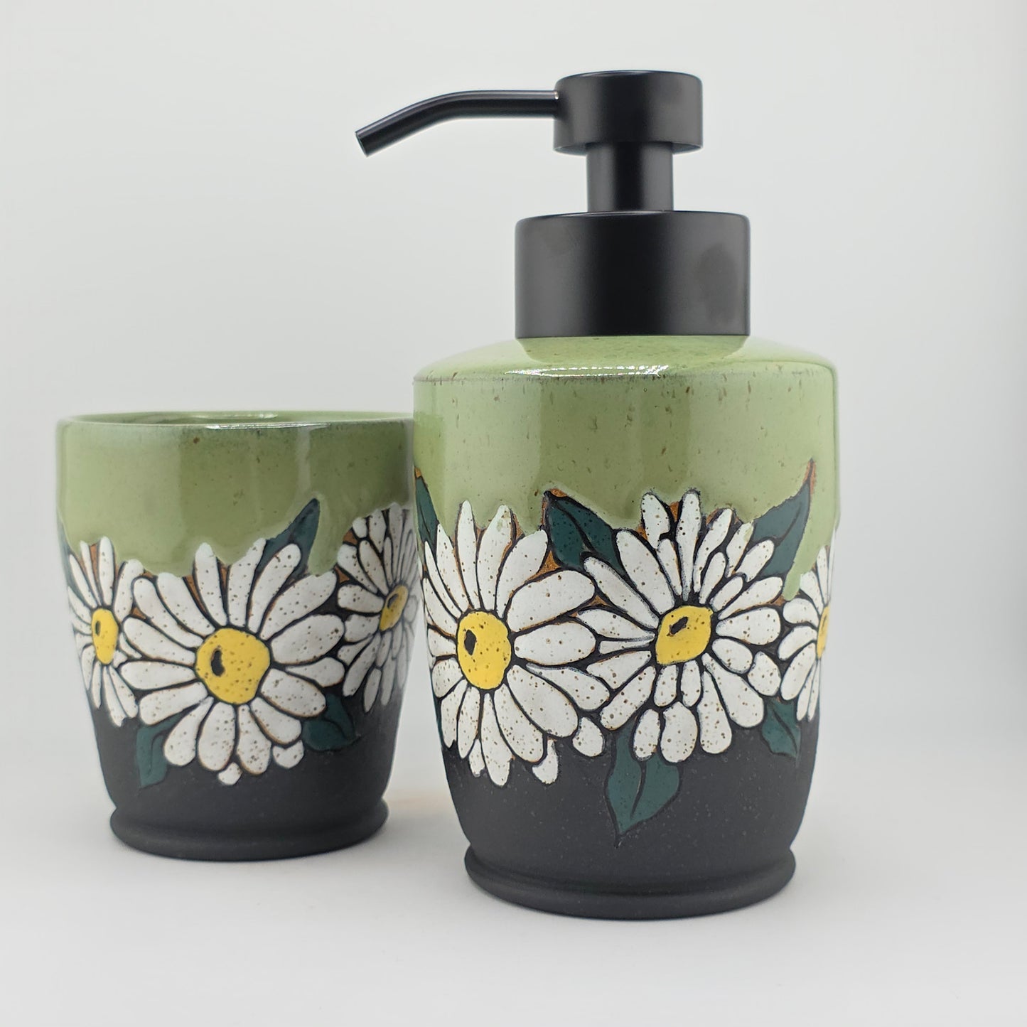 #144 Handmade stoneware foaming soap dispenser & cup