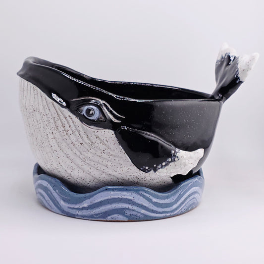 #39 Handmade stoneware whale planter w/drip tray