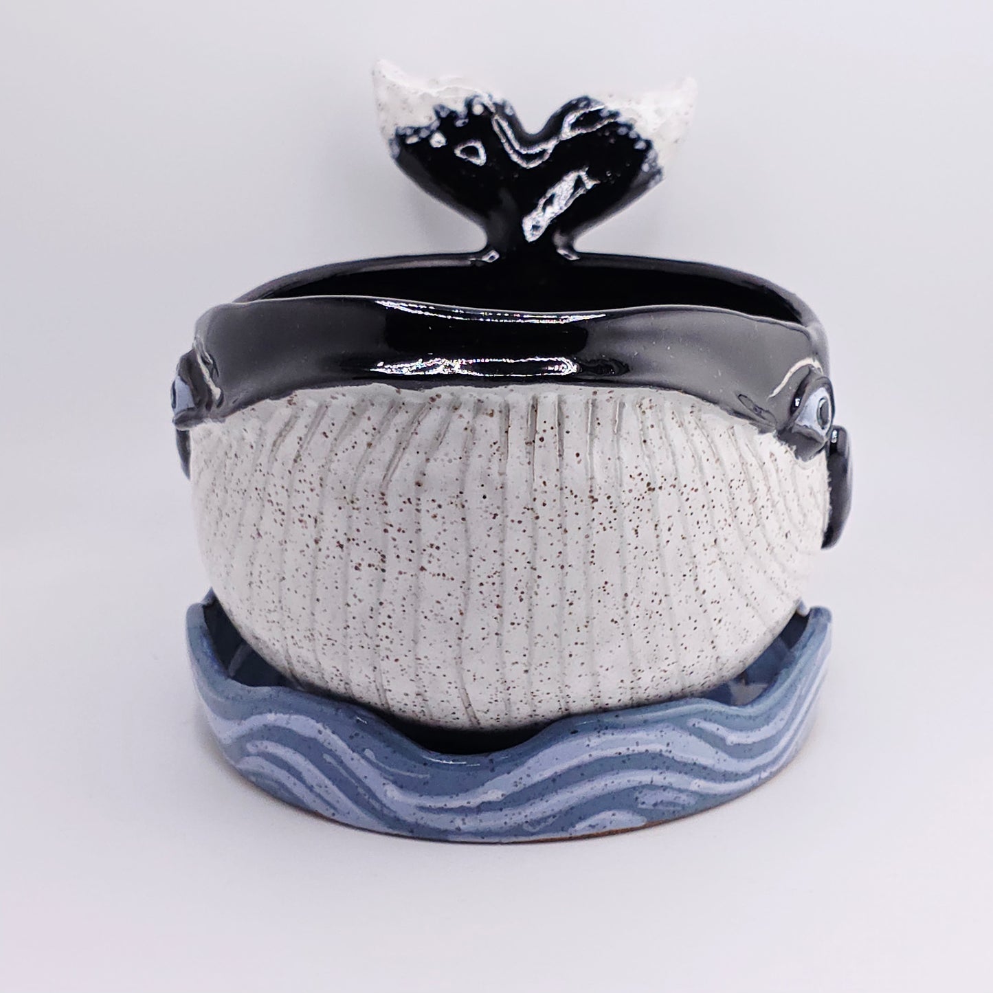 #39 Handmade stoneware whale planter w/drip tray