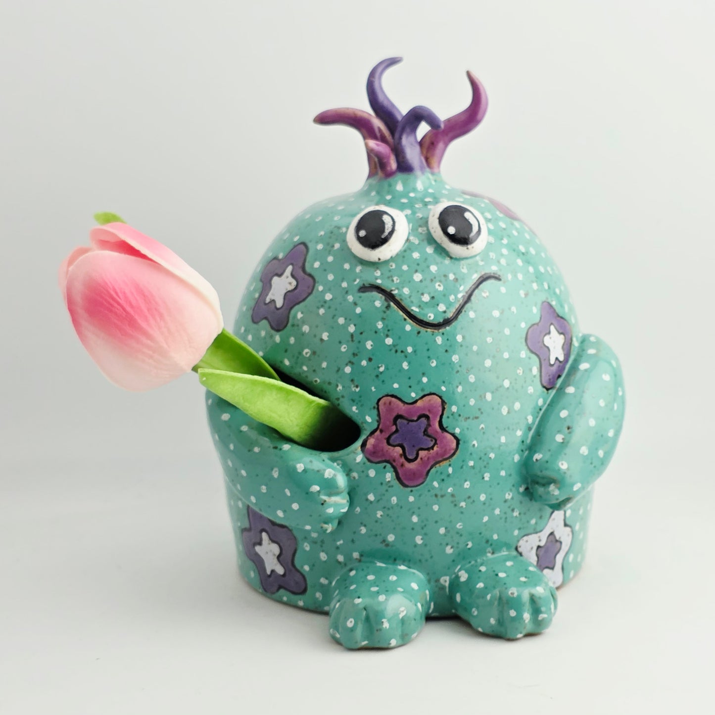 #41 Handmade stoneware monster bud vase 5.5x5