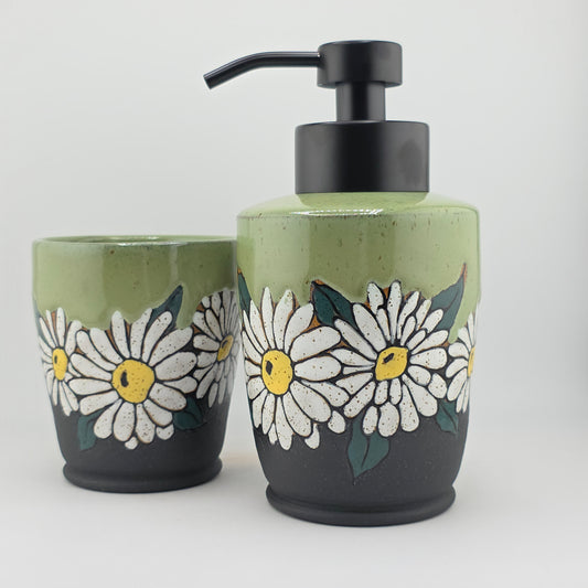 #144 Handmade stoneware foaming soap dispenser & cup